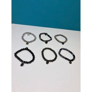 Set‎ of 6 Faceted Glass Beaded Stretch Bracelets Black Silver Iridescent